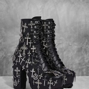 Gothic Platform Lace-Up Boots with Silver Cross Charms - Black